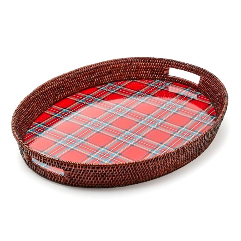 NEW Mackenzie-Childs Tartan Red Rattan Party Serving Tray